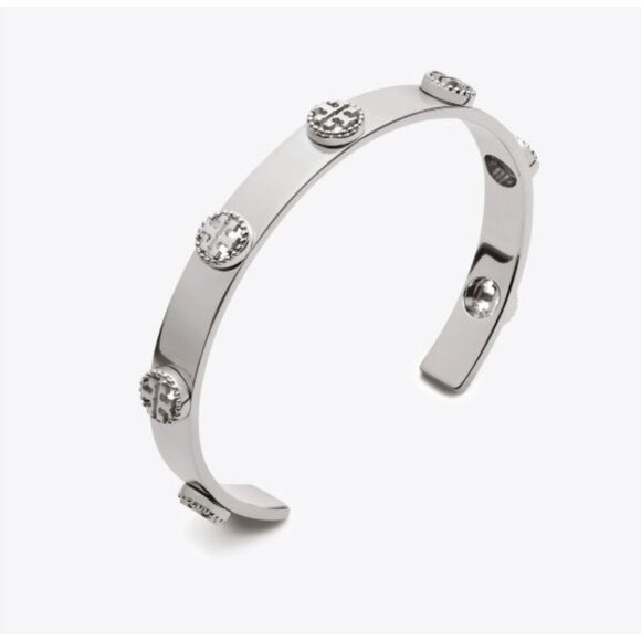 Tory Burch Silver Milgrain Logo-Plaque Cuff Bracelet - Picture 1 of 4